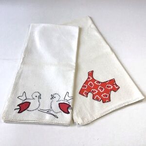 Vintage Hand Embroidered Appliquéd Tea Dish Kitchen Towels Flour Sack Birds Dog